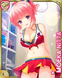 1girl alternate_costume alternate_hairstyle arms_behind_back blue_bow bow breasts card_(medium) character_name cheerleader cleavage collarbone front-tie_top girlfriend_(kari) indoors large_breasts locker locker_room miniskirt navel nitta_moeka official_art open_mouth pink_hair ponytail purple_eyes qp:flapper red_shirt red_skirt shirt short_hair skirt smile solo standing swimsuit tagme