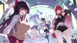 4girls absurdres akane_lize animal_ears arahashi_tabi arm_up armpits bare_shoulders belt black_eyes black_hair black_jacket black_shirt black_shorts black_skirt black_thighhighs blue_eyes breasts brown_sweater cat_ears collared_shirt commentary_request crop_top cross cross_earrings earrings goggles goggles_on_head grey_hair haedungi_(shirayuki_hina) hair_ornament hat heart heart_hair_ornament high-waist_shorts highres jacket jewelry korean_commentary large_breasts long_hair looking_at_viewer maro_(neneko_mashiro) midriff mole mole_under_eye multiple_girls navel neneko_mashiro off_shoulder open_mouth peaked_cap pencil_skirt pienna_(akane_lize) pungdangi_(arahashi_tabi) red_hair red_skirt school_uniform shirayuki_hina shirt short_shorts shorts sibo skirt sleeveless sleeveless_shirt smile stellive sweater sweater_vest thighhighs thighs twintails very_long_hair virtual_youtuber white_shirt