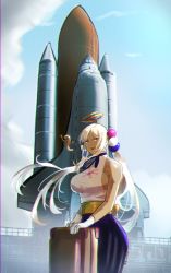 1girl absurdres breasts dark-skinned_female dark_skin elbow_gloves erasorpepero gloves hair_ornament halterneck highres hololive hololive_english large_breasts light_brown_hair limiter_(tsukumo_sana) long_hair looking_at_viewer planet_hair_ornament rocket sky smile space_shuttle spacecraft suitcase tsukumo_sana tsukumo_sana_(1st_costume) twintails very_long_hair virtual_youtuber white_gloves yellow_eyes