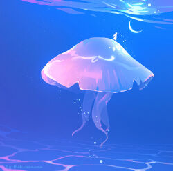 Rule 34 | 1girl, air bubble, animal, artist name, blue theme, border, bubble, crescent moon, dress, highres, huhv., jellyfish, moon, original, solo, submerged, underwater, water, white dress