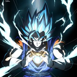 Rule 34 | 1boy, black background, blue eyes, blue hair, blue pants, blue sash, blue shirt, dougi, dragon ball, dragon ball super, earrings, electricity, energy ball, gloves, highres, jewelry, male focus, medium hair, momin 3180, orange sash, pants, potara earrings, sash, shirt, simple background, smirk, solo, spiked hair, super saiyan, super saiyan blue, upper body, vegetto, white gloves
