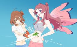 2girls blue_background blue_eyes breasts brown_hair crop_top gakuen_idolmaster gloves hanami_saki hanami_ume highres hitting idolmaster medium_breasts multiple_girls navel olys open_mouth orange_eyes radish shirt siblings sisters skirt smile tank_top toned toned_female upper_body