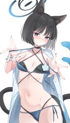 1girl absurdres akahaneko animal_ears bakeneko bikini bikini_top_pull black_choker black_eyes black_nails black_tail blue_archive blue_bikini blue_halo blue_haori blue_tail blush breasts cape cat_ears cat_girl cat_tail choker criss-cross_straps fingernails halo haori highres japanese_clothes kikyou_(blue_archive) kikyou_(swimsuit)_(blue_archive) layered_bikini looking_at_viewer multi-strapped_bikini_bottom multiple_tails nail_polish navel official_alternate_costume side-tie_bikini_bottom simple_background small_breasts solo swimsuit tail two_tails white_background white_cape