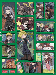 1990s_(style) 6+boys 6+girls :d :q aerith_gainsborough band_(music) barret_wallace biggs_(ff7) black_hair blonde_hair blue_eyes bow brown_hair cait_sith_(final_fantasy) cape cat character_request chibi chocobo cid_highwind cigarette cloud_strife copyright_name crown dark_skin don_corneo drill_hair earrings elena_(ff7) everyone facial_hair facial_mark final_fantasy final_fantasy_vii fingerless_gloves forehead_mark formal_clothes glasses gloves goggles goggles_on_head grey_hair hair_bow hair_over_one_eye headband heidegger_(ff7) highres huge_weapon jessie_rasberry jewelry licking_lips long_hair low-tied_long_hair marlene_wallace materia midriff moogle multiple_boys multiple_girls navel ninja open_mouth palmer_(ff7) professor_houjou red_hair red_xiii reeve_tuesti reno_(ff7) retro_artstyle rude_(ff7) rufus_shinra sabotender scar scarlet_(ff7) sephiroth short_hair shouta_(shbz) smile smoke smoking standing suit sunglasses suspenders sword tifa_lockhart tongue tongue_out tseng vincent_valentine weapon wedge_(ff7) yuffie_kisaragi zack_fair