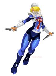 1girl absurdres artist_name bandaged_fingers bandages blonde_hair breasts dual_wielding full_body hair_over_one_eye hat highres holding kunai lady_fantasma medium_breasts nintendo red_eyes reverse_grip scarf scarf_over_mouth sheik short_hair solo the_legend_of_zelda the_legend_of_zelda:_ocarina_of_time transparent_background watermark weapon