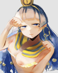 1girl :d blue_eyes blue_hair blunt_bangs blush bra_tug breasts clenched_hand earrings facial_mark fossilized_wonders gold gold_headdress hair_ornament highres jewelry key_earrings looking_to_the_side michigami_nareko nyan_shitai open_mouth parted_lips paw_pose smile solo touhou triangle triangle_facial_mark