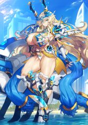 1girl abs animal_hat arm_at_side arm_behind_back armor armored_boots barghest_(fate) barghest_(swimsuit_archer)_(fate) barghest_(swimsuit_archer)_(third_ascension)_(fate) bikini_armor blonde_hair blue_eyes blue_sky boots breasts cat_hat cleavage closed_mouth clothing_request cloud exoskeleton fate/grand_order fate_(series) fingerless_gloves floating_hair full_body game_cg gloves hand_rest hat high_ponytail horns huge_breasts impossible_clothes leg_up long_hair looking_at_viewer melon22 muscular muscular_female navel ocean official_art ponytail revealing_clothes sand science_fiction shoulder_armor sidelocks single_glove sky smile solo standing standing_on_one_leg thighs third-party_source variant_set very_long_hair water white_hat