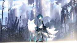 1other absurdres ahoge ambiguous_gender aqua_hair bag black_boots boots building city cityscape cloud cloudy_sky collared_shirt commentary english_commentary expressionless floating_hair fox full_body grey_pants hair_between_eyes highres kakko_(hibiki_bellfox) kitsune knee_boots long_hair_between_eyes long_sleeves looking_at_viewer orange_eyes original pants science_fiction shirt short_hair sky skyscraper standing straight-on white_shirt zipper