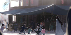 2boys 6+others architecture bench black_boots black_hair black_hanfu boots building chinese_clothes east_asian_architecture food hanfu headband high_ponytail holding holding_food kneeling lan_wangji long_hair long_sleeves modao_zushi multiple_boys multiple_others open_mouth outdoors pants ponytail smile standing table tanghulu topknot wei_wuxian white_hanfu white_headband white_pants wide_sleeves xianduguaitan xiao_guan_(headdress)