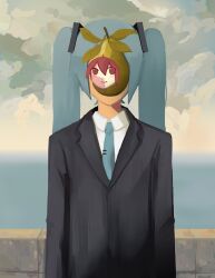 2girls absurdres aqua_hair aqua_necktie black_jacket eletenshi fine_art_parody food fruit hatsune_miku highres jacket kasane_teto multiple_girls necktie outdoors overcast parody pear pearto red_eyes red_hair shirt sky suit_jacket the_son_of_man_(magritte) utau vocaloid white_shirt