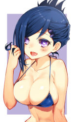 10s 1girl :d bare_shoulders bikini blue_bikini blue_eyes blue_hair blush breasts cleavage female_focus folded_ponytail hair_ornament hairpin heart heart-shaped_pupils inou-battle_wa_nichijou-kei_no_naka_de kawakami_masaki kudou_mirei large_breasts matching_hair/eyes navel open_mouth playing_with_own_hair smile solo swimsuit symbol-shaped_pupils tan