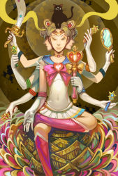 1girl aino_minako animal animal_on_head ashura_(rg_veda) bishoujo_senshi_sailor_moon bishoujo_senshi_sailor_moon_s bishoujo_senshi_sailor_moon_supers black_cat blonde_hair blue_sailor_collar boots bow brooch cat cat_on_head choker circlet closed_eyes crescent crossed_legs deep_aqua_mirror double_bun elbow_gloves extra_arms female_focus gloves hair_bun heart heart_brooch highres hinduism hino_rei holding holding_sword holding_weapon jewelry k-bose kaiou_michiru kino_makoto knee_boots long_hair luna_(sailor_moon) magical_girl mars_symbol mercury_symbol mirror mizuno_ami moon multicolored_skirt multiple_heads multiple_limbs on_head parody pleated_skirt red_bow ribbon sailor_collar sailor_jupiter sailor_mars sailor_mercury sailor_moon sailor_neptune sailor_senshi sailor_uranus sailor_venus short_hair sitting skirt solo space_sword spiral_heart_moon_rod star_(symbol) super_sailor_moon sword ten&#039;ou_haruka tsukino_usagi twintails venus_symbol very_long_hair weapon white_gloves