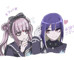 brother_and_sister closed_mouth heart japanese_text last_defense_academy_school_uniform long_hair looking_at_another matching_hair/eyes pink_eyes pink_hair purple_eyes siblings smile the_hundred_line_-last_defense_academy- translation_request tsukumo_ima tsukumo_kako twins twintails upper_body white_background