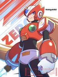 Rule 34 | 1boy, armor, blonde hair, character name, cowboy shot, forehead jewel, helmet, highres, holding, holding sword, holding weapon, ishigaki (sora roxas), long hair, male focus, mega man (series), mega man x (series), red armor, red helmet, solo, sword, watermark, weapon, z saber, zero (mega man)