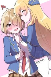 2girls absurdres blonde_hair blue_jacket blush capelet hair_over_one_eye hand_on_another&#039;s_chin heaven_burns_red highres jacket kayamori_ruka long_hair multiple_girls necktie puyopiku red_eyes red_necktie shirakawa_yuina shirt sidelocks white_background white_shirt yuri