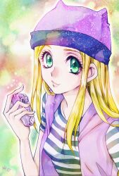 1girl blonde_hair closed_mouth digimon digimon_frontier digivice green_eyes hat highres lips long_hair looking_at_viewer orimoto_izumi satoru_kamiya shirt solo striped_clothes striped_shirt