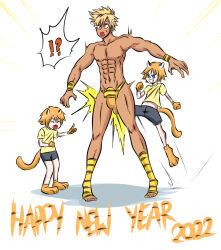 !? 3boys animal_print ball_busting crotch_kick happy_new_year laughing multiple_boys new_year ocigart tail tiger_print toeless_legwear