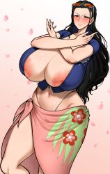 1girl alternate_breast_size black_hair blue_eyes blush breasts cleavage closed_mouth collarbone cropped_jacket crossed_arms eyewear_on_head feet_out_of_frame female_focus gigantic_breasts gorio4288 gradient_background hair_slicked_back highleg highleg_panties jacket large_areolae long_hair looking_at_viewer midriff navel nico_robin nico_robin_(return_to_sabaody) nipples official_alternate_costume one_piece panties pink_background pink_petals pink_sarong sarong shiny_skin short-sleeved_jacket short_sleeves smile solo string_panties sunglasses underwear veins veiny_breasts white-framed_eyewear zipper zipper_pull_tab