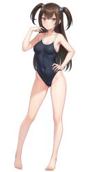 1girl barefoot black_one-piece_swimsuit breasts brown_eyes brown_hair closed_mouth collarbone commentary_request covered_navel hand_on_own_hip hand_up highres kazayama_kizuna knees legs looking_at_viewer medium_breasts one-piece_swimsuit simple_background smile solo spaghetti_strap swimsuit tate_no_yuusha_no_nariagari thighs two_side_up variant_set vodka13 white_background