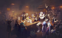 6+boys 6+girls ? ?? absurdres beard beer_mug bird black_hat black_horns blue_hair bottle bowl brown_beard cup dark-skinned_male dark_skin drinking_glass eating facial_hair food furry furry_male grin hat highres horns indoors mouth_hold mug multiple_boys multiple_girls pixiv_fantasia pixiv_fantasia_last_saga scar scar_across_eye scar_on_face siblings sitting smile spoon stool table twins waitress wine_glass