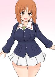 1girl absurdres asyura_kumo blue_jacket brown_eyes brown_hair commentary cowboy_shot girls_und_panzer gradient_background green_undershirt highres jacket long_sleeves looking_at_viewer military_uniform miniskirt nishizumi_miho ooarai_military_uniform open_mouth pink_background pleated_skirt short_hair skirt smile solo standing undershirt white_background white_skirt