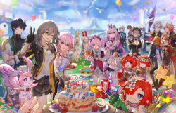 5boys 6+girls ;) absurdres aglaea_(honkai:_star_rail) anaxa_(honkai:_star_rail) ancient_greek_clothes animal_ears animal_hood anniversary aqua_eyes balloon black_coat black_gloves black_hair black_jacket black_leotard black_pants black_skirt black_tiara blonde_hair blue_eyes blue_sky book box breasts brown_hair bubbles_(honkai:_star_rail) cake castorice_(honkai:_star_rail) cat_ears cat_girl cat_hood cat_tail chimera_(honkai:_star_rail) chrysos_heirs_(honkai:_star_rail) cipher_(honkai:_star_rail) cleavage coat commentary_request cross-shaped_pupils dan_heng_(honkai:_star_rail) dress elbow_gloves everyone eyepatch fingerless_gloves flower food gift gift_box glasses gloves greco-roman_clothes grey_hair highres himeko_(honkai:_star_rail) holding holding_flower holding_plate honkai:_star_rail honkai_(series) hood hyacine_(honkai:_star_rail) isome jacket large_breasts leotard long_hair march_7th_(honkai:_star_rail) meat medium_breasts mem_(honkai:_star_rail) multiple_boys multiple_girls mydei_(honkai:_star_rail) one_eye_closed open_book outdoors pancake pancake_stack pants phainon_(honkai:_star_rail) pink_hair plate pointy_ears purple_eyes purple_gloves purple_hair red_dress red_hair revision shirt short_hair skirt sky smile star_balloon stelle_(honkai:_star_rail) symbol-shaped_pupils tail thigh_strap tiara trailblazer_(honkai:_star_rail) trianne_(honkai:_star_rail) tribbie_(honkai:_star_rail) trinnon_(honkai:_star_rail) twintails welt_yang white_coat white_dress white_hair white_jacket white_shirt