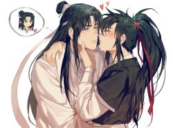 Rule 34 | 2boys, black hair, black hanfu, blush, chibi, chibi inset, chinese clothes, closed eyes, closed mouth, couple, face-to-face, glowstick, hair ribbon, hand on another&#039;s chin, hand on another&#039;s shoulder, hanfu, headband, heart, high ponytail, highres, holding, holding glowstick, hug, imminent kiss, jujeop, lan wangji, long hair, long sleeves, looking at another, looking at viewer, male focus, modao zushi, multiple boys, parted lips, ponytail, profile, red ribbon, ribbon, robe, sidelocks, simple background, speech bubble, thought bubble, topknot, upper body, wei wuxian, white background, white hanfu, white headband, wide sleeves, xiao guan (headdress), yaoi, yellow eyes
