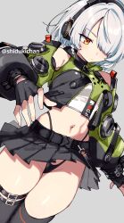 1girl anby_demara black_gloves black_panties black_skirt black_thighhighs braid closed_mouth commentary_request fingerless_gloves gloves grey_background hair_over_one_eye highres long_sleeves midriff navel orange_eyes panties pleated_skirt shigatsu_shizuki short_hair simple_background single_braid skirt solo thighhighs thighs twitter_username underwear white_hair zenless_zone_zero