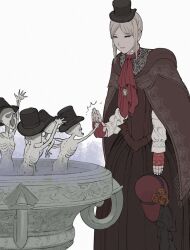 1girl ^_^ ascot bloodborne bodice bonnet boots brooch brown_cloak brown_skirt cloak closed_eyes doll_joints fingerless_gloves flower fountain giganticbuddha gloves hat high_five highres holding holding_unworn_clothes holding_unworn_hat jewelry joints lace-up_boots long_sleeves medium_hair messengers_(bloodborne) multiple_others parted_bangs plain_doll red_ascot red_gloves sidelocks skirt smile standing top_hat unworn_hat unworn_headwear white_background