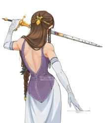 Rule 34 | 1girl, back cutout, bare shoulders, brown hair, circlet, clothing cutout, commentary, dress, elbow gloves, from behind, gloves, highres, holding, holding sword, holding weapon, long hair, low-braided long hair, low-tied long hair, nintendo, pointy ears, princess zelda, samira im, sidelocks, solo, sword, the legend of zelda, the legend of zelda: twilight princess, weapon, white gloves