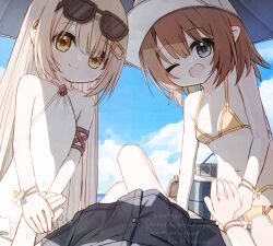 3girls ;d bad_tag bare_arms bare_shoulders baseball_cap beach_umbrella bikini blue_sky breasts brown-framed_eyewear brown_eyes brown_hair cloud commentary_request day eyewear_on_head frilled_one-piece_swimsuit frills grey_eyes grey_umbrella group_sex hair_between_eyes hair_ornament hairclip hat horizon looking_at_viewer lucena_winter multiple_girls navel ocean one-piece_swimsuit one_eye_closed open_mouth original outdoors pointy_ears sky small_breasts smile sunglasses swimsuit threesome umbrella water watermark white_hat white_one-piece_swimsuit yellow_bikini yuuhagi_(amaretto-no-natsu)