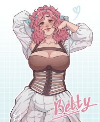 1girl absurdres arm_behind_head arms_up artist_name betty_(date_everything) blue_background blush breasts brown_eyes character_name cleavage collarbone commentary corset date_everything english_commentary eyelashes eyeshadow gradient_background grid_background heart highres just_tori large_breasts long_sleeves looking_at_viewer makeup medium_hair outline pink_hair pink_lips plump seductive_smile simple_background smile solo upper_body wavy_hair white_background white_outline