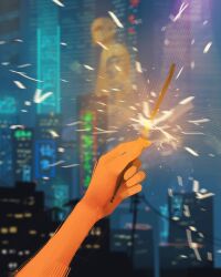 Rule 34 | 1other, beach, blue theme, blurry, blurry background, city lights, cityscape, depth of field, fireworks, highres, holding, holding fireworks, light particles, neon lights, night, original, pov, pov hands, power lines, sam yang, scenery, solo, sparkler, translation request, utility pole, viewer self-insert