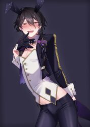 1boy :d absurdres animal_ears black_coat black_gloves black_hair black_pants blush bulge coat collarbone commentary_request contrapposto cowboy_shot crop_top crotch_seam dark_background detached_collar double-parted_bangs earrings ensemble_stars! fake_animal_ears finger_to_mouth gem gloves hair_between_eyes half-closed_eyes half_gloves hand_on_own_ass hand_up highres jewelry leotard long_sleeves lowleg lowleg_pants male_focus male_playboy_bunny medium_hair midriff_peek naughty_face omiyacha open_mouth pants pectoral_cleavage pectorals playboy_bunny rabbit_ears red_eyes sakuma_rei_(ensemble_stars!) shiny_clothes shiny_gloves sleeve_cuffs smile solo standing stud_earrings tailcoat taut_clothes taut_pants