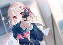 1girl aiming aiming_at_viewer blonde_hair blurry blurry_background dutch_angle gun hair_ribbon handgun highres holding holding_gun holding_weapon house miwano_rag novel_illustration official_art one_side_up oshikawa_riya red_eyes ribbon sailor_collar sailor_shirt second-party_source shirt smile solo standing tantei_ni_suiri_o_sasenaide_kudasai upper_body weapon window