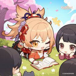 +++ 4girls ;d absurdres bandaged_arm bandaged_leg bandages black_hair black_sandals black_thighhighs blonde_hair blunt_bangs book bracelet brown_eyes cherry_blossoms chest_sarashi chibi chibi_only choker cloud commentary copyright_name copyright_notice day english_commentary genshin_impact grass hand_wraps highres japanese_clothes jewelry kimono long_sleeves lying multiple_girls nail_polish official_art on_stomach one_eye_closed open_book open_mouth orange_kimono outdoors red_choker red_kimono red_nails sandals sarashi short_hair short_sleeves single_sleeve smile thighhighs tree yellow_eyes yoimiya_(genshin_impact)