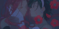 Rule 34 | 2girls, alien stage, black hair, commentary, earrings, flower, gloves, hairband, hand on another&#039;s face, highres, jewelry, long hair, looking at another, mizi (alien stage), multiple girls, nanami 77m, pink hair, purple eyes, red flower, short hair, sua (alien stage), symbol-only commentary, veins, white gloves, white hairband, yellow eyes