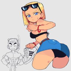 1boy 1girl android_18 bald bikini bikini_under_clothes black_bikini blonde_hair denim denim_skirt dragon_ball dragonball_z earrings eyewear_on_head frown grey_background jewelry kuririn narrow_waist skirt slammo swimsuit wide_hips