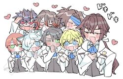 Rule 34 | 6+boys, alternate costume, ascot, blonde hair, blue ascot, blush, brown hair, cuilang (rune factory), formal clothes, fubuki (rune factory), groom, heart, highres, ikaruga (rune factory), kai (rune factory), kurama (rune factory), long hair, low poly, mauro (rune factory), momen mememe, multiple boys, murasame (rune factory), rune factory, rune factory: guardians of azuma, rune factory 4, short hair, subaru (rune factory), suit, tuxedo, white suit