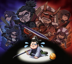Rule 34 | armor, banner, black hair, claws, dagger, facial hair, goattee, hakama, hand fan, imagawa yoshimoto, japanese clothes, kemari, knife, kunoichi (sengoku musou), mask, midorijikano, mori ranmaru, mustache, nouhime, oda nobunaga, polearm, purple hair, sanada yukimura (sengoku musou), sengoku musou, spear, sword, takeda shingen, teardrop, tessen, tongue, tongue out, topknot, war fan, weapon