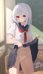 1girl absurdres artist_name blue_sailor_collar blue_skirt blush classroom clothes_lift cowboy_shot fuji_sakura highres indoors lifting_own_clothes medium_hair navel neckerchief original panties red_eyes red_neckerchief sailor_collar school_uniform serafuku shirt signature skirt skirt_lift solo underwear white_hair white_panties white_shirt
