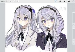 2girls art_program_in_frame black_hairband black_jacket black_ribbon bow_hairband braid collared_shirt cropped_torso grey_hair hair_ornament hairband hairpin highres jacket kanae2243308964 kashimiya_karua kirifuji_nozomi light_blush long_hair multiple_girls multiple_hairpins neck_ribbon procreate_(medium) purple_eyes ribbon shirt simple_background sketch smile the_hundred_line_-last_defense_academy- white_jacket white_shirt