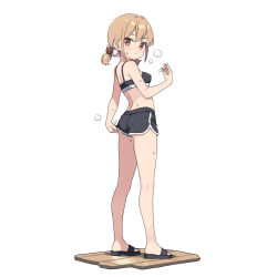1girl ass bare_arms bare_shoulders black_sandals black_shorts breasts brown_eyes brown_hair closed_mouth commentary_request dolphin_shorts fanning_self from_side full_body hatsunatsu looking_at_viewer looking_to_the_side low_twintails original sandals short_shorts short_twintails shorts simple_background small_breasts solo standing sweat twintails v-shaped_eyebrows white_background