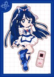 1girl animal_print back_bow blue_boots blue_border blue_bow blue_bowtie blue_eyes blue_hair blue_sash blue_shorts boots border bow bowtie butterfly_earrings butterfly_hair_ornament butterfly_print closed_mouth commentary cure_aqua deformed dot_nose dotted_line dress earrings fingerless_gloves frilled_dress frilled_sleeves frills full_body gloves grid_background hair_ornament hand_in_own_hair happy high_heel_boots high_heels highres jewelry long_hair looking_at_viewer magical_girl minazuki_karen outline ponytail precure red_brooch sash short_dress short_sleeves shorts shorts_under_dress signature smile solo swept_bangs tareme uwded_207 very_long_hair waist_sash white_arm_warmers white_background white_dress white_gloves white_outline yes!_precure_5