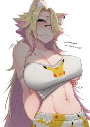 1girl absurdres animal_ear_fluff animal_ear_piercing animal_ears artist_name bandaid bandaid_on_face bandaid_on_nose bare_shoulders black_bandaid blonde_hair blue_eyes blush breasts cat_ears cat_girl character_print cleavage closed_mouth collarbone commentary commentary_request covered_erect_nipples english_commentary english_text fang hair_intakes hair_over_one_eye highres indie_virtual_youtuber large_breasts linea_alba long_hair looking_at_viewer mixed-language_commentary multicolored_hair myth1carts navel obkatiekat one_eye_covered pants pikachu_print pink_hair scratching shirt signature simple_background skin_fang solo stomach strap_slip two-tone_hair upper_body virtual_youtuber white_background white_pants white_shirt
