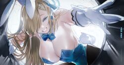 Rule 34 | 1girl, animal ear hairband, animal ears, asuna (blue archive), asuna (bunny) (blue archive), bare shoulders, black pantyhose, blonde hair, blue archive, blue bow, blue eyes, blue halo, blue leotard, blue ribbon, bow, breasts, cleavage, detached collar, fake animal ears, fake tail, gloves, grin, hair over one eye, hair ribbon, hairband, halo, highres, large breasts, leotard, long hair, looking at viewer, mole, mole on breast, official alternate costume, pantyhose, rabbit ear hairband, rabbit ears, rabbit tail, ribbon, smile, solo, strapless, strapless leotard, tail, vvv rendez, white gloves, white hairband