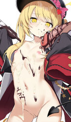 1boy 1girl absurdres after_ejaculation bare_shoulders black_coat blonde_hair blue_archive breasts censored chocolate chocolate_on_body chocolate_on_breasts chocolate_on_penis chocolate_syrup cleft_of_venus coat collarbone commentary_request cum cum_on_body cum_on_breasts cum_on_upper_body eating facial food_on_body food_on_penis halo hetero highres ibuki_(blue_archive) loli long_hair long_sleeves mosaic_censoring naked_coat navel nipples onibi_(will_o_wisp24) open_clothes open_coat penis pink_ribbon pointy_ears pout pussy red_sleeves ribbon ribs side_ponytail sleeves_past_fingers sleeves_past_wrists small_breasts smile standing stomach uncensored very_long_sleeves white_background yellow_eyes yellow_halo