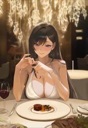 Rule 34 | 1girl, alcohol, blurry, blurry background, breasts, brown hair, cleavage, commentary, cup, dress, drinking glass, earrings, english commentary, food, fork, gloves, highres, hoop earrings, indoors, jewelry, knife, large breasts, looking at viewer, original, penetration gesture, plate, pov, purple eyes, restaurant, ruca (rucarachi), rucarachi, smile, smirk, solo, table knife, white gloves, wine, wine glass