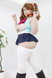 Rule 34 | 10s, 1girl, asian, boots, breasts, brown eyes, brown hair, censored, chouzuki maryou, cosplay, female focus, gundam, gundam build fighters, gundam build fighters try, hair ornament, high heel boots, high heels, highres, photo (medium), plump, sazaki kaoruko (cosplay), solo