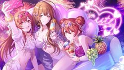 Rule 34 | 3girls, afloat, ahoge, alstroemeria (idolmaster), ass, bare shoulders, bikini, blush, bracelet, breasts, brown eyes, brown hair, cellphone, cleavage, closed mouth, collarbone, cup, debi tarou, dessert, double bun, drinking glass, earrings, eating, eyewear on head, food, fruit, grapes, hair between eyes, hair bun, hair ornament, hair over shoulder, hair ribbon, heart, heart-shaped eyewear, holding, holding cup, holding phone, holding spoon, huge ahoge, ice cream, idolmaster, idolmaster shiny colors, inflatable chair, jewelry, kuwayama chiyuki, long hair, looking at phone, lying, medium breasts, multiple girls, navel, official alternate costume, official alternate hairstyle, official art, on stomach, open mouth, osaki amana, osaki tenka, partially submerged, phone, pineapple, pink-tinted eyewear, pool, purple-tinted eyewear, red hair, ribbon, selfie, siblings, side-tie bikini bottom, sisters, sitting, smartphone, smile, soaking feet, spoon, star-shaped eyewear, star (symbol), strawberry, sundae, sunglasses, swept bangs, swimsuit, taking picture, tinted eyewear, twins, wafer stick, water, white bikini, yellow eyes